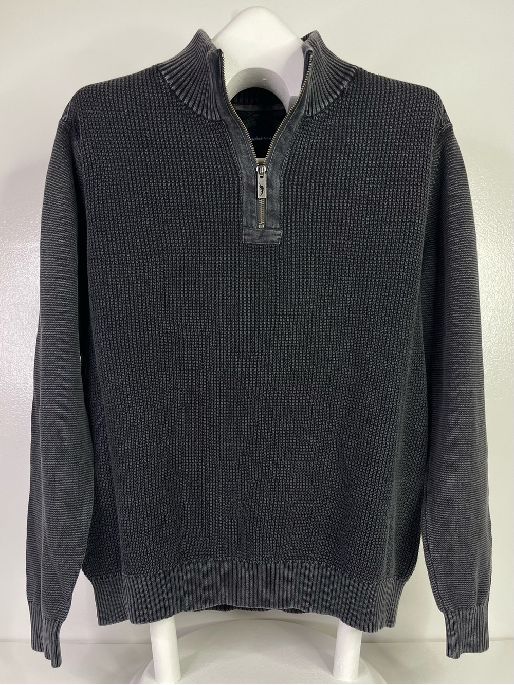 Tommy Bahama Ribbed Knit Cotton Quarter Zip Mock Neck Sweater Gray Men's XL